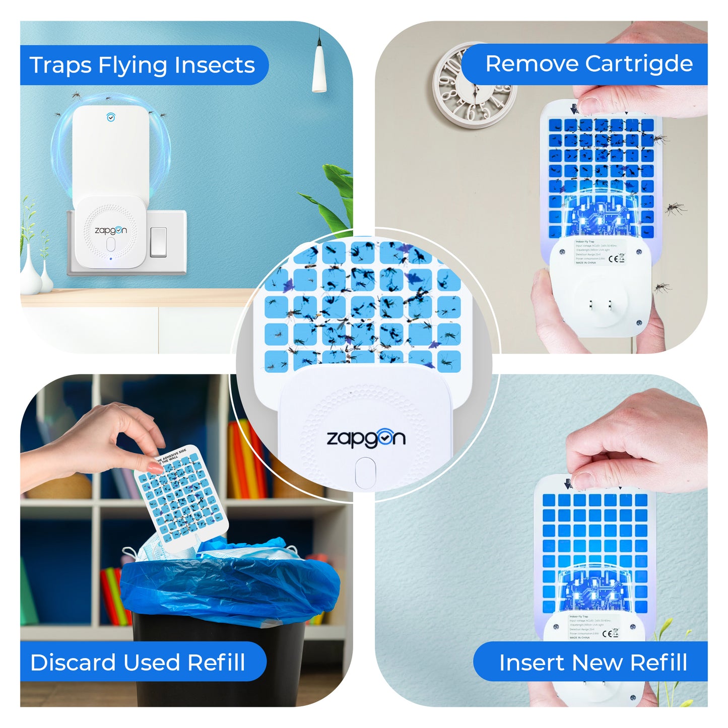 ZAPGON Indoor Fly Trap – Plug-in Fruit Fly, Moth & Gnat Catcher with Sticky Glue Cards, Non-Toxic  for Home (2 Devices + 6 Adhesive Traps)