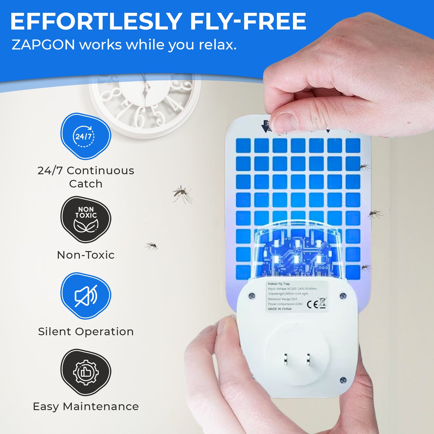 ZAPGON Indoor Fly Trap – Plug-in Fruit Fly, Moth & Gnat Catcher with Sticky Glue Cards, Non-Toxic  for Home (2 Devices + 6 Adhesive Traps)