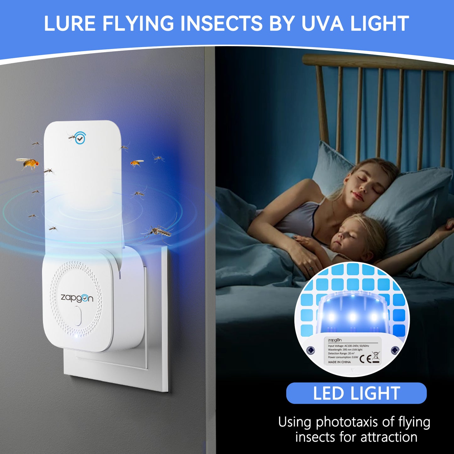 ZAPGON Indoor Fly Trap – Plug-in Fruit Fly, Moth & Gnat Catcher with Sticky Glue Cards, Non-Toxic  for Home (2 Devices + 6 Adhesive Traps)